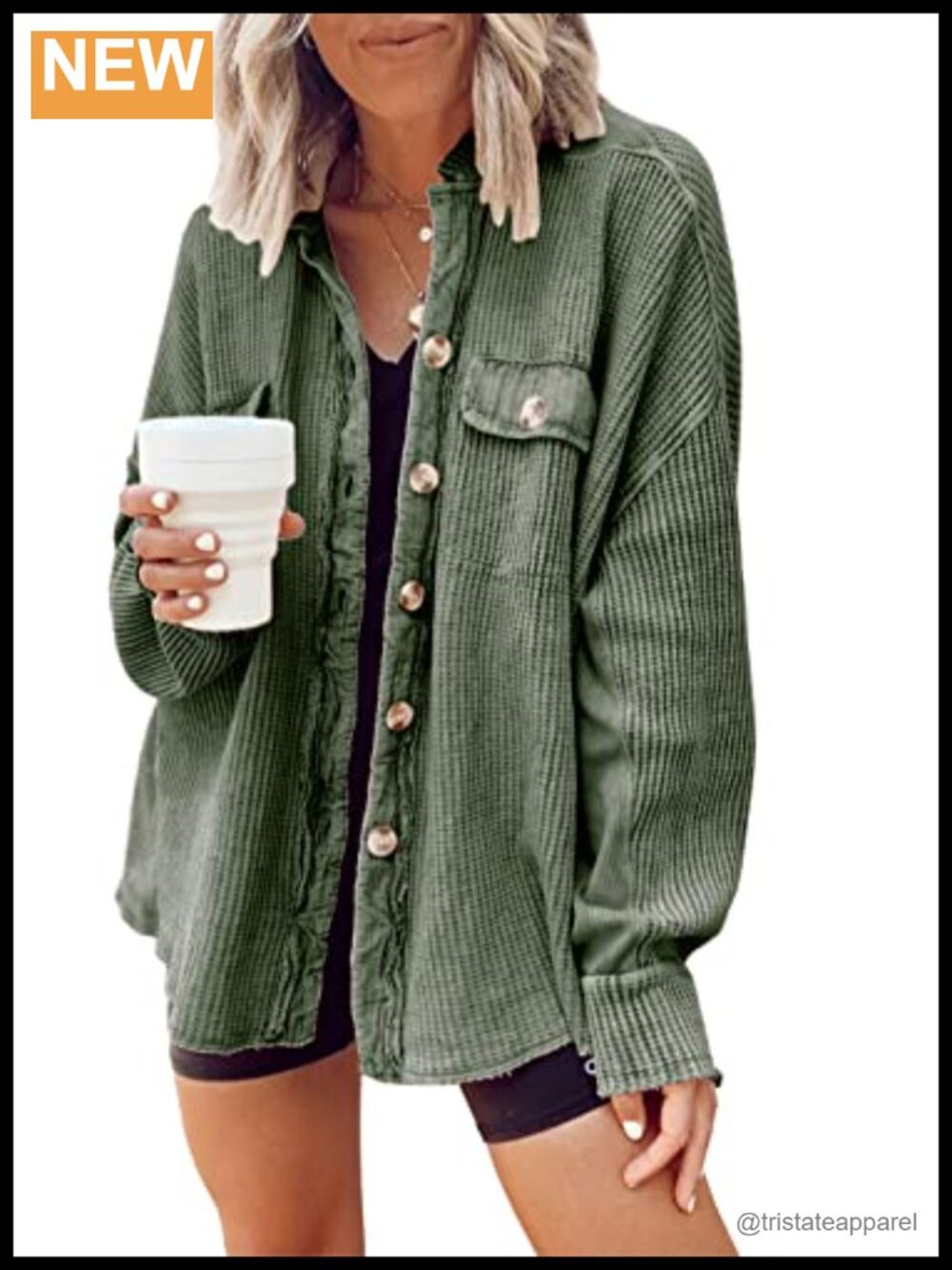 Waffle Knit Button Down Shacket Batwing Sleeve Oversized Shirt Jacket